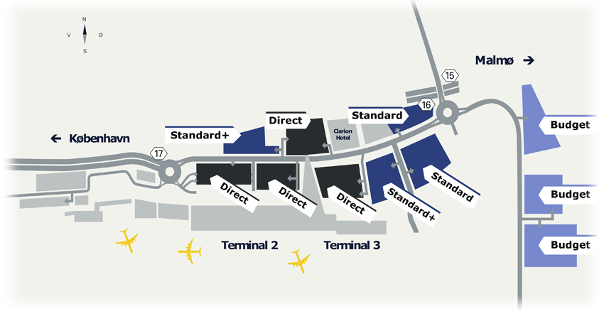 Kort over parkeringsområder ved Kastrup Lufthavn